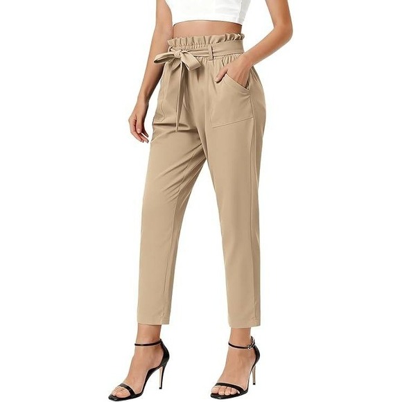 Grace Karin Pants - Grace Karin Khaki Paperbag Waist Tapered Pants with Tie Belt Tan Business Casual